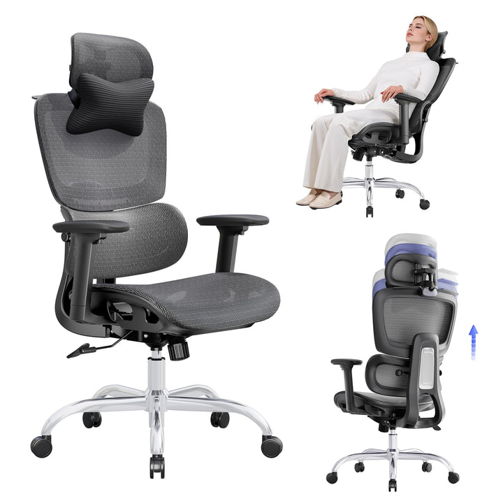 Ergonomischer Bürostuhl Schreibtischstuhl, Netzstoff Drehstuhl mit 2D-Lendenwirbelstütze & 3D-Kopfst