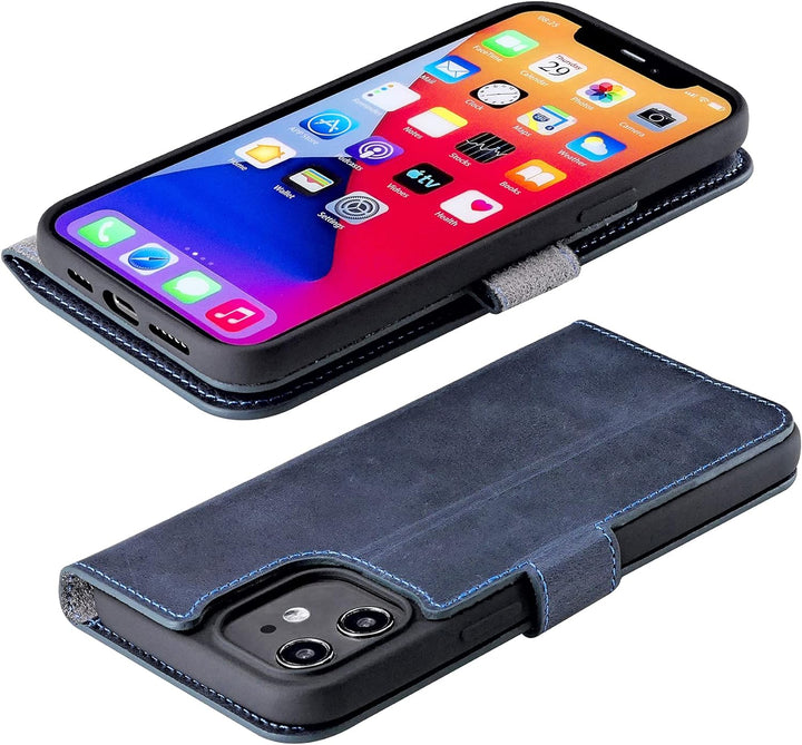 Suncase Book-Style Hülle kompatibel mit iPhone 12 Mini (5.4") Leder Tasche (Slim-Fit) Lederhülle Han