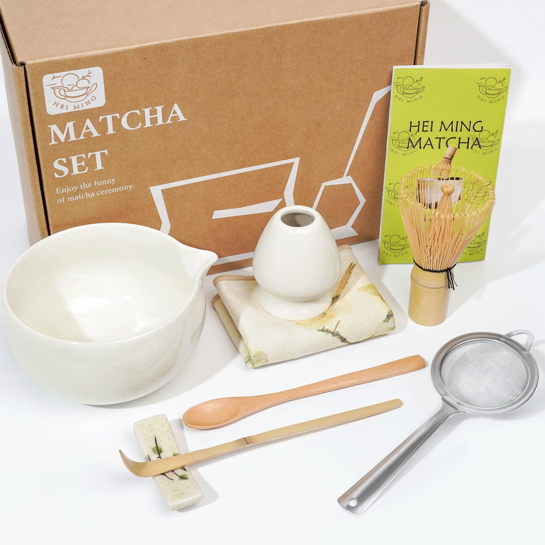 Matcha Set Beige (8-teilig) und Schale mit Ausgiesser, Premium Matcha Tee Set für Matcha Latte Zuber
