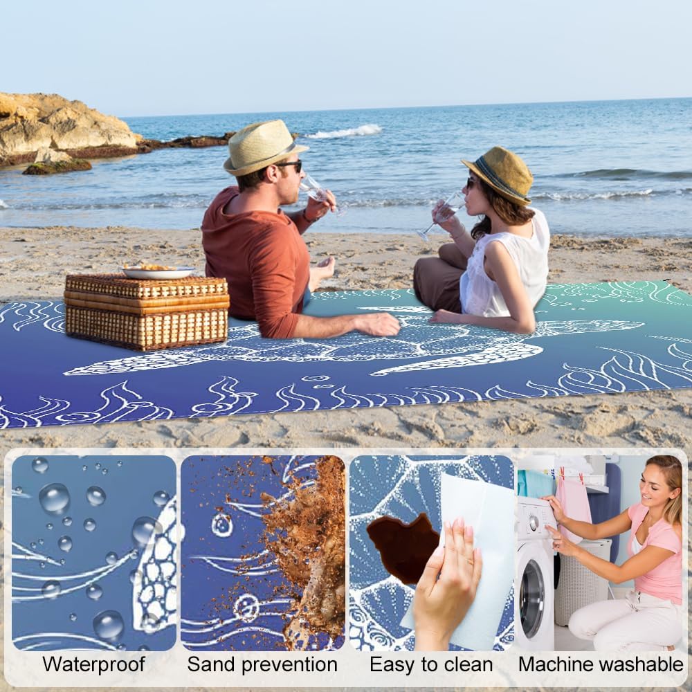 Stranddecke sandfrei, Extra gross 210 cm x 200 cm (Meeresschildkröte-B) | Picknickdecke Wasserdicht,