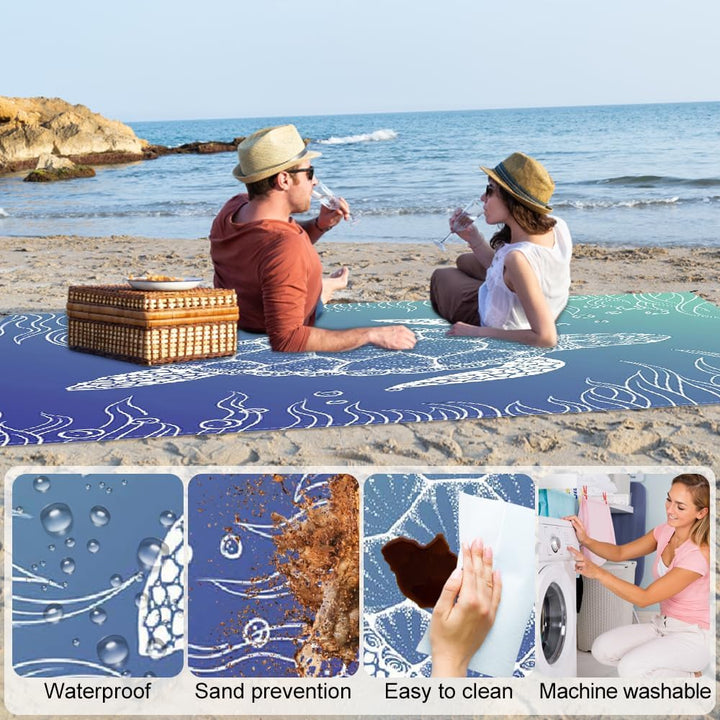 Stranddecke sandfrei, Extra gross 210 cm x 200 cm (Meeresschildkröte-B) | Picknickdecke Wasserdicht,