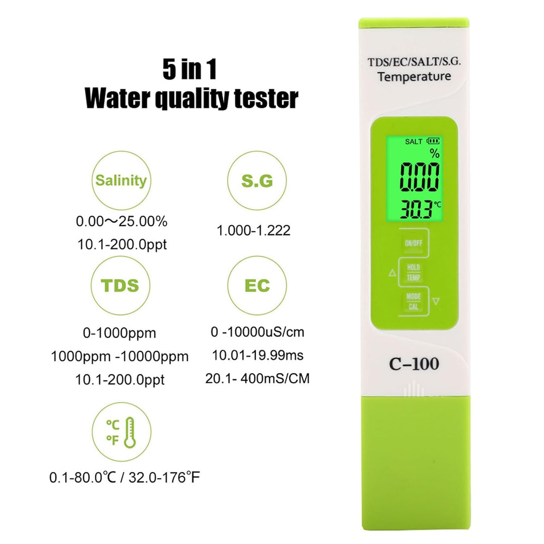 HEEPDD Pool-Salztester, Digitaler Wasserqualitätsmesser, 5-in-1, Misst den Salzgehalt, TDS, EC-Tempe