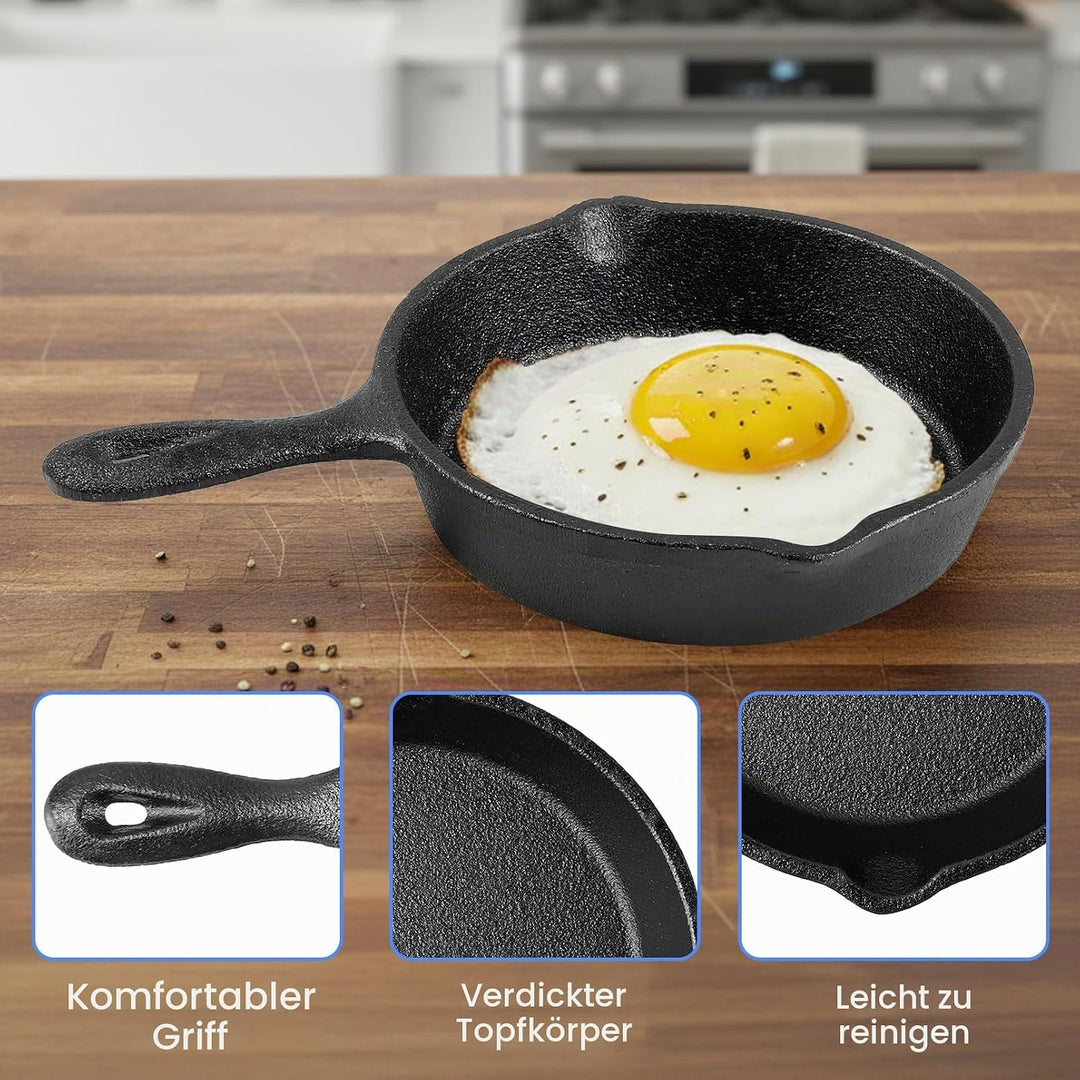 4 Stück Mini Gusseisenpfanne, 10.2cm Gusseisenpfanne klein mit Ausgiesser, Schwarze Kleine Bratpfann
