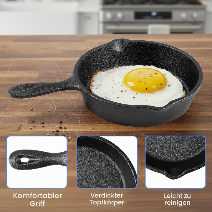 4 Stück Mini Gusseisenpfanne, 10.2cm Gusseisenpfanne klein mit Ausgiesser, Schwarze Kleine Bratpfann