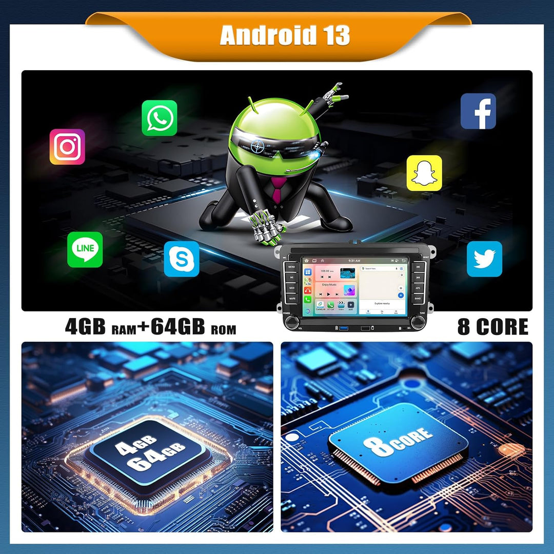 Android 15, 4G+64G 8-Core CAMECHO Autoradio für VW Golf 5 6 Passat Polo Tiguan Touran Caddy Skoda Se