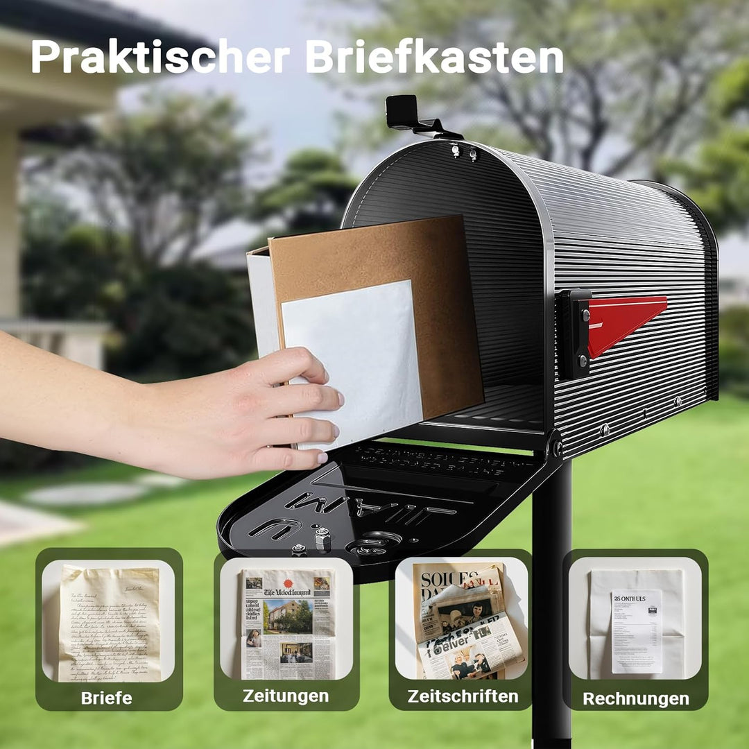 Wiltec US Mailbox schwarz 150 x 513 x 223 mm, amerikanischer Briefkasten mit Fahne, Wandbriefkasten