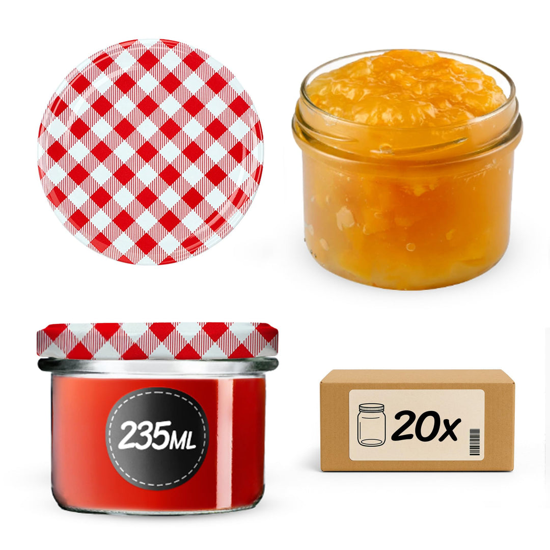 KADAX 20er Set Marmeladengläser 235ml TO82 Rot kariert, Einmachgläser Vorratsgläser Mason Jar mit Sc