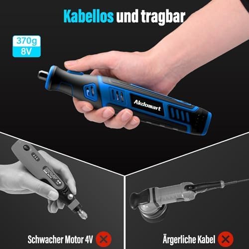 Multifunktionswerkzeug Akku, 8V 2.0Ah Rotationswerkzeug mit LED-Licht, 5-Gang 30000 U/min Max, 135 M