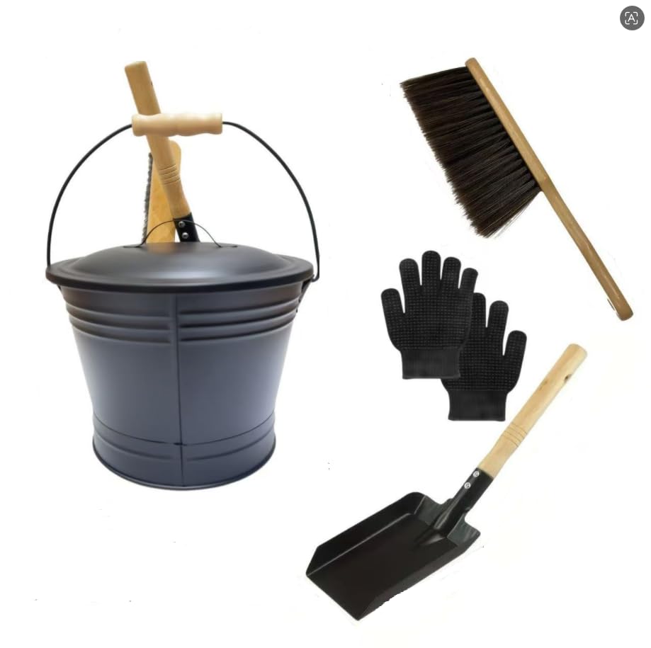 Stahlascheimer mit Deckel für Kamine, 5L Metall-Ascheeimer inklusive Handschuhe, Schaufel und Handfe