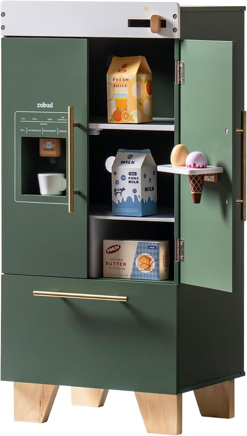 ROBUD Kinderküche Kühlschrank Holz, Kinder Spielküchen Zubehör mit Getränkeautomat - Simulation Spie