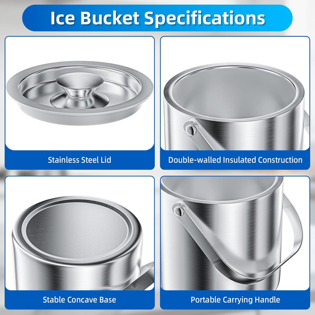 Eiswürfelbehälter Edelstahl 3L Doppelwandig, Eiskübel Set mit Deckel Eisschaufel und Zange, Perfekt