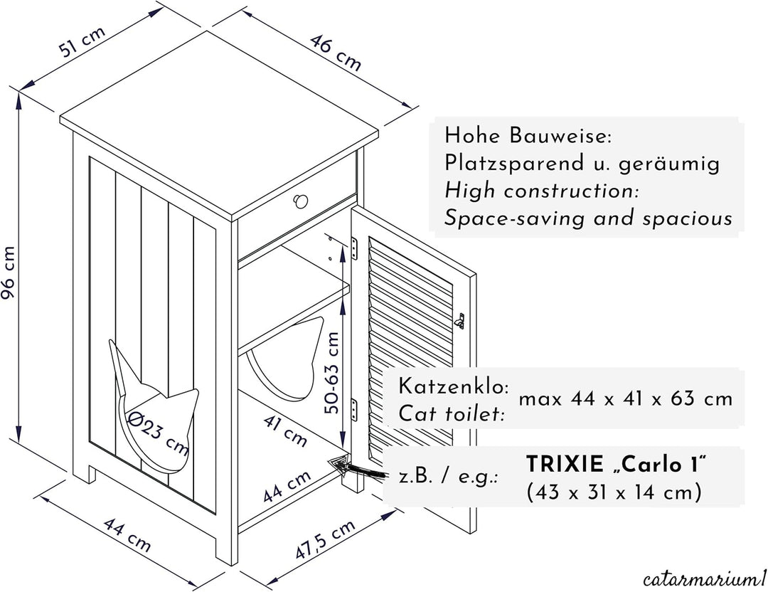 Katzenschrank für Katzentoilette gross hoch aus Holz, Katzenklo-Schrank Kommode mit Schublade und Tü