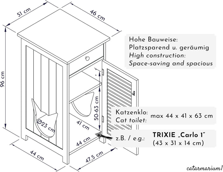 Katzenschrank für Katzentoilette gross hoch aus Holz, Katzenklo-Schrank Kommode mit Schublade und Tü