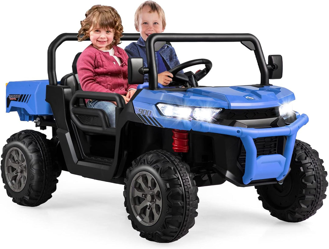 GOPLUS Kinder Elektroauto, 2-Sitzer Kinderauto mit Kippbett & Schaufel, Fernbedienung, Musik, Schein