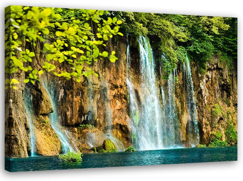 Feeby Wanddeko Natur Leinwandbild Kunstdruck Wasserfall Grün 90x60 cm