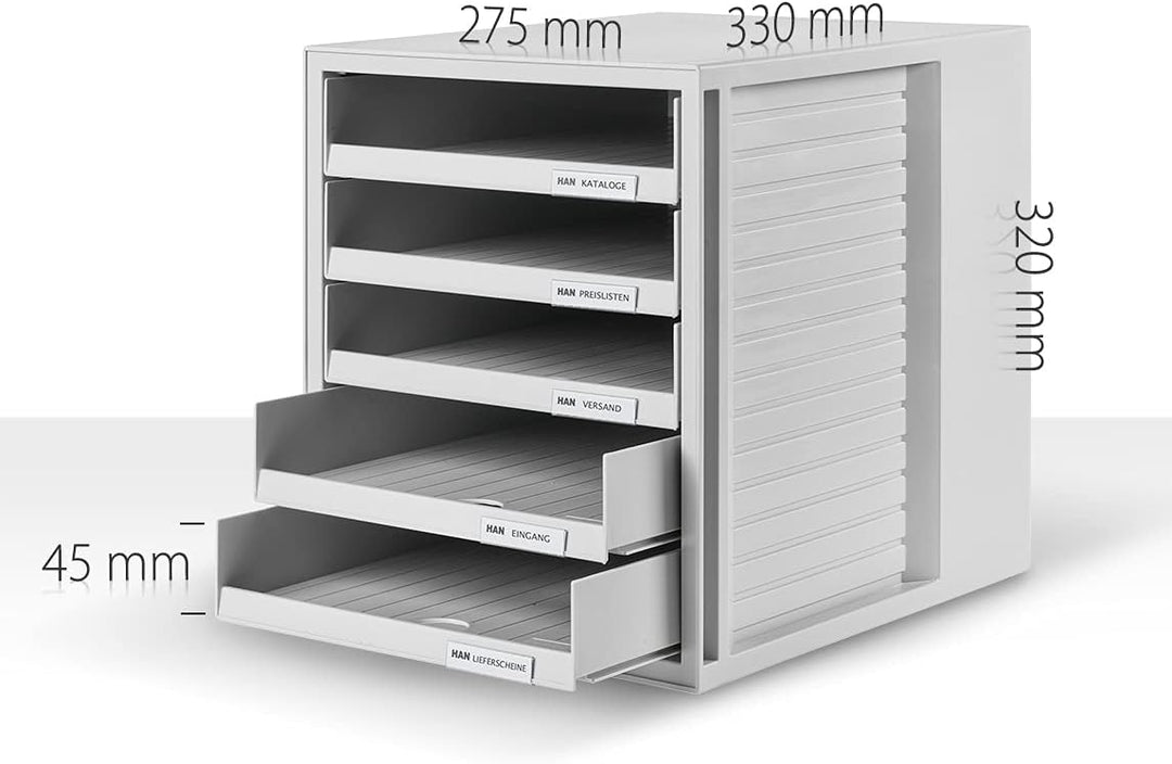 HAN Schubladenbox SCHRANK-SET mit 5 offenen Schubladen für Unterlagen bis DIN C4, auf dem Schreibtis