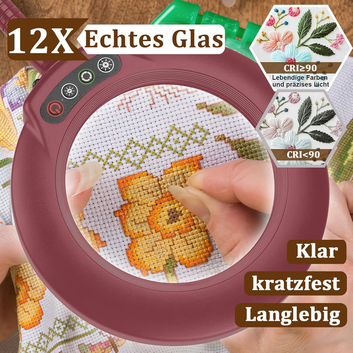 Veemagni 12X Lupe mit Licht und Klemme, Echtes Glas Lupenlampe, 5 Farbmodi Stufenlos Dimmbare, 23 Zo