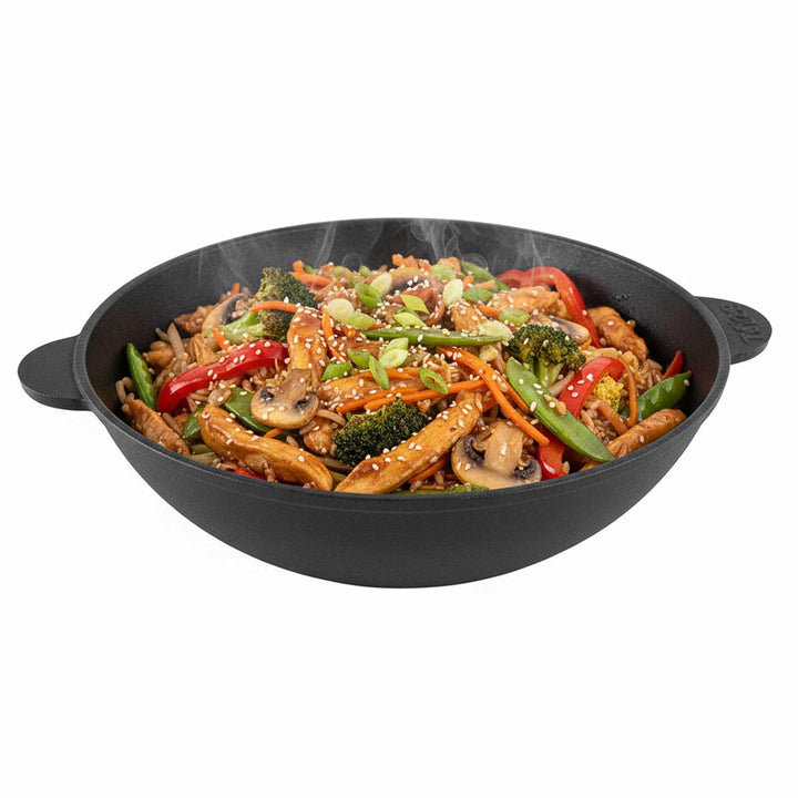 BIG-PAN Wokpfanne Gusseisen 30 cm, 4,7 L für alle Herdarten inkl. Induktion Asia Wok Bratpfanne Schm