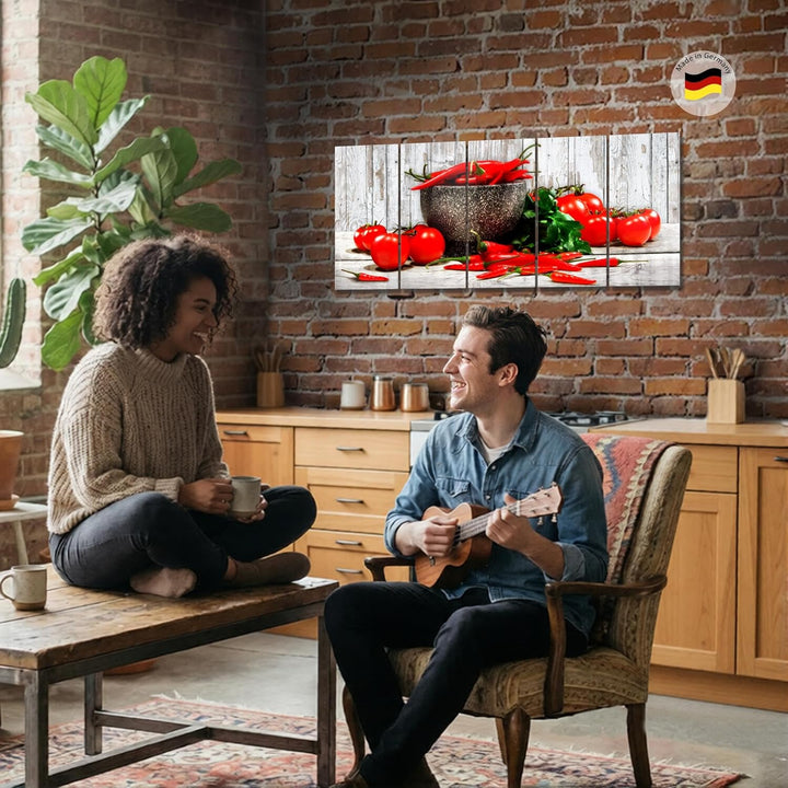 Runa Art Wandbild XXL Küche - Gemüse Esszimmer Küchenbilder 200 x 80 cm Weiss Rot 5 Teilig - Made in