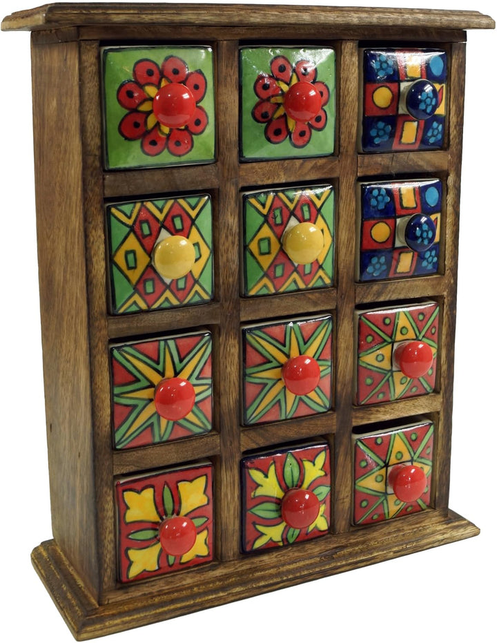 GURU SHOP Apothekerschränkchen mit Bunten Keramik Schubfächern - 3x4 Fächer, Braun, 32x25x10 cm, Dos