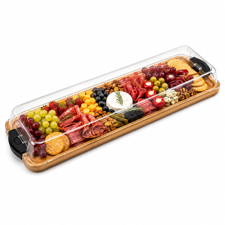 Grosse Käseplatte mit Deckel | Charcuterie Board - Servierplatte aus Bambus mit transparentem Schutz