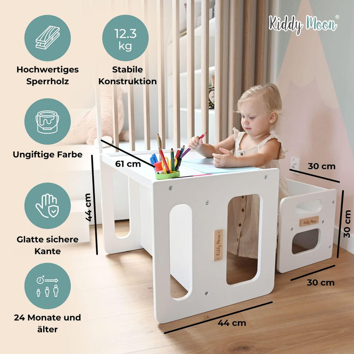 KiddyMoon Kindertisch Mit Stuhl Für Kinder Runde Tresor Kanten Kinderzimmer Möbel, Weiss Kindertisch