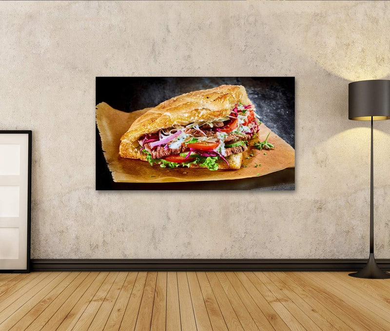 Bild auf Leinwand Türkischer Döner Kebab Auf Golden Gerösteten Pita Brot Wandbild Poster Kunstdruck