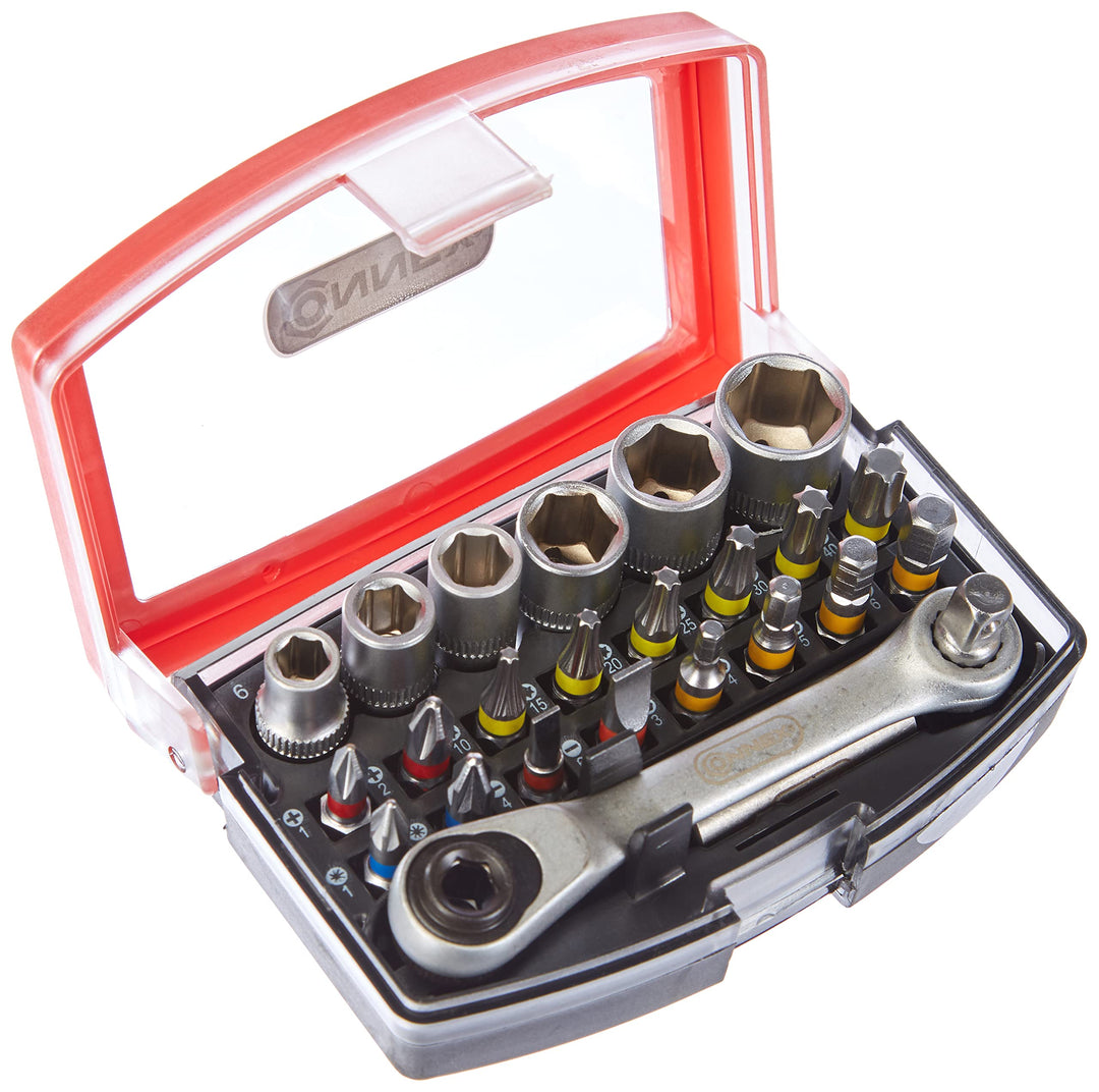 Connex Bit- und Steckschlüssel-Satz 25-teilig - Stabile Kunststoffbox - 1/4 Zoll - Inklusive Mini-Kn