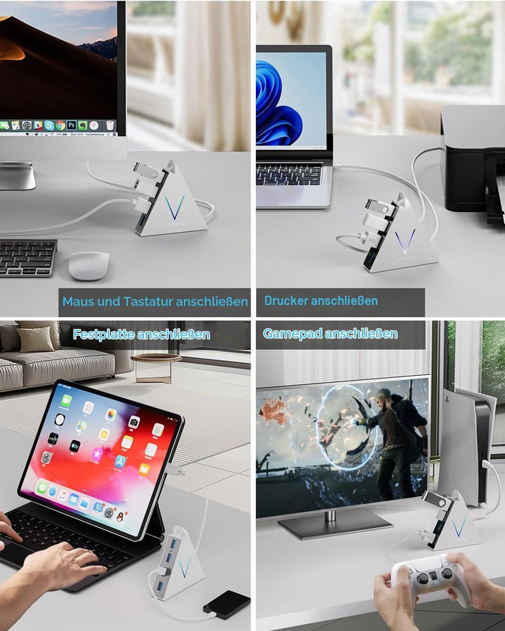 4-Port USB 3.0 Hub, FlyingVHUB USB Hub Tower mit 60 cm verlängertem Kabel, RGB-Beleuchtung (mit Scha