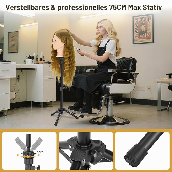 Friseurkopf mit Stativ, Trainingsköpfe mit 90% Echthaar 58CM, Schaufensterpuppe zum Frisieren, für K
