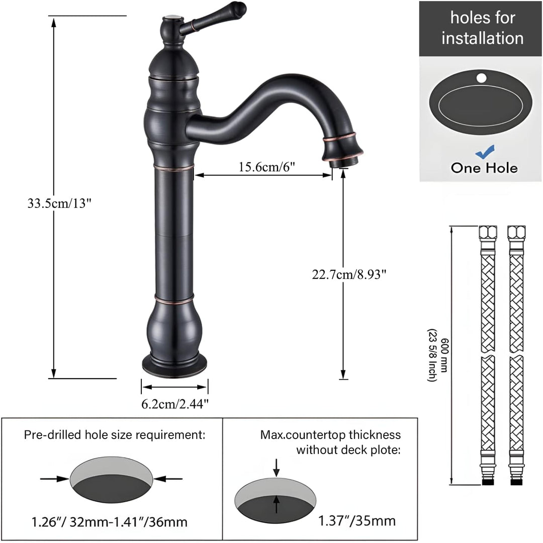 Rozin Wasserhahn Bad Schwarz Retro Hoch Waschtischarmatur 360°Schwenkbar Einhebel Waschbecken Armatu