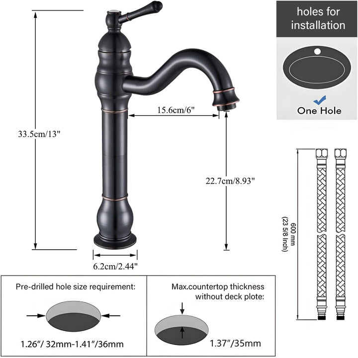 Rozin Wasserhahn Bad Schwarz Retro Hoch Waschtischarmatur 360°Schwenkbar Einhebel Waschbecken Armatu