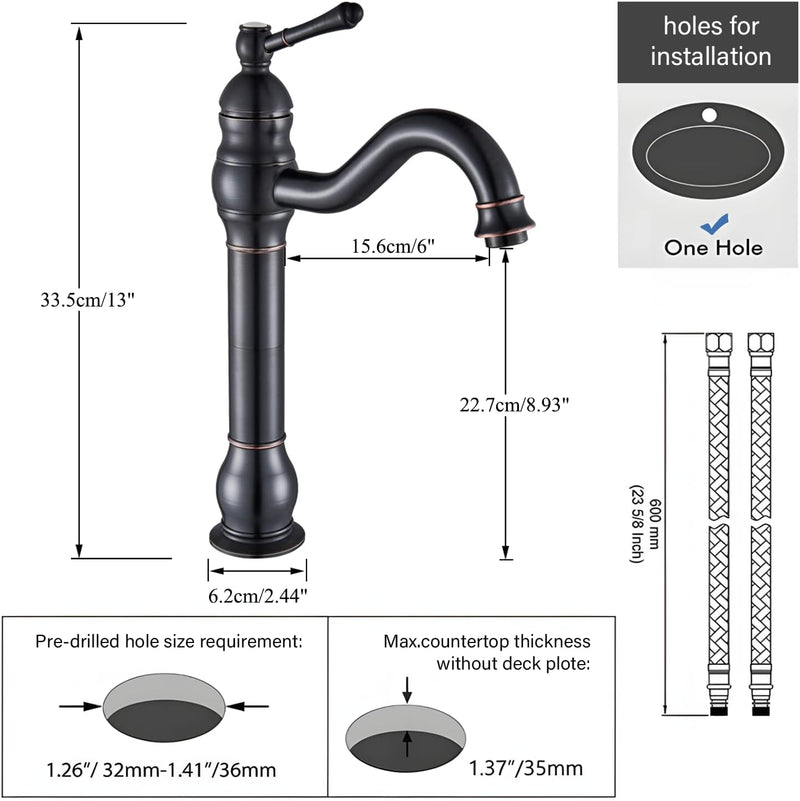Rozin Wasserhahn Bad Schwarz Retro Hoch Waschtischarmatur 360°Schwenkbar Einhebel Waschbecken Armatu