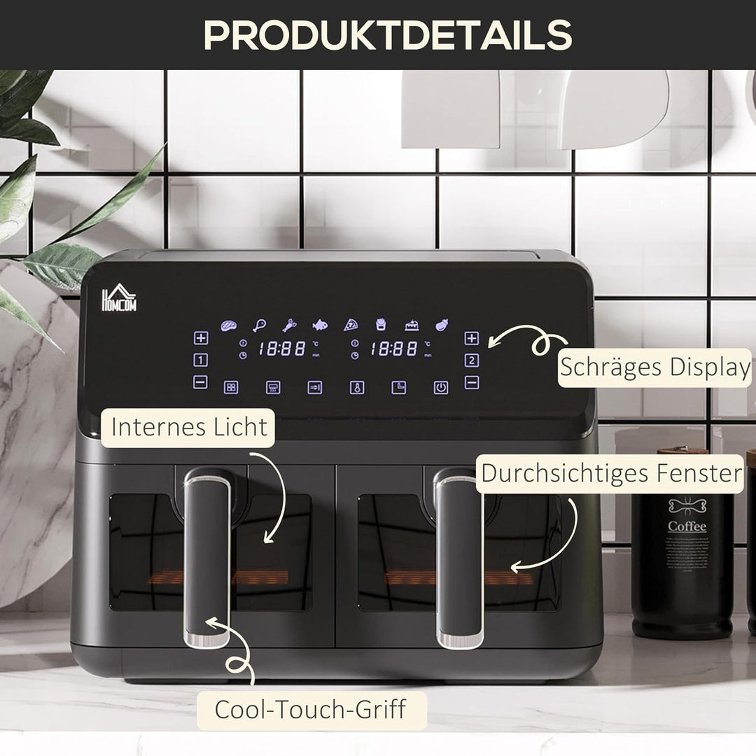 HOMCOM Dual Zone Heissluftfritteuse 8 L Airfryer 2500W mit 2 Fächer, 8 Programme, Antihaftbeschichtu