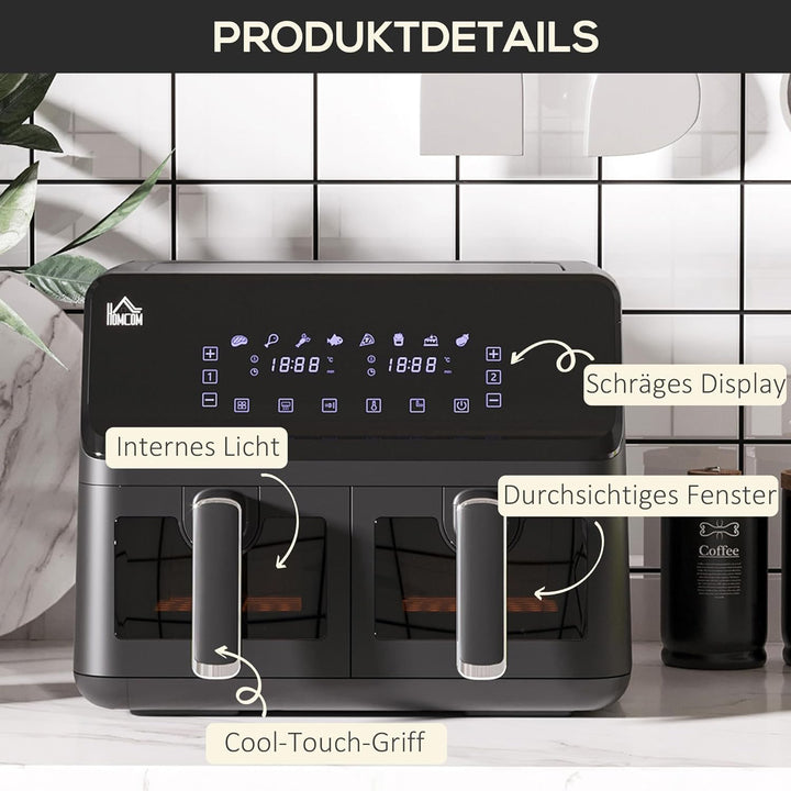 HOMCOM Dual Zone Heissluftfritteuse 8 L Airfryer 2500W mit 2 Fächer, 8 Programme, Antihaftbeschichtu