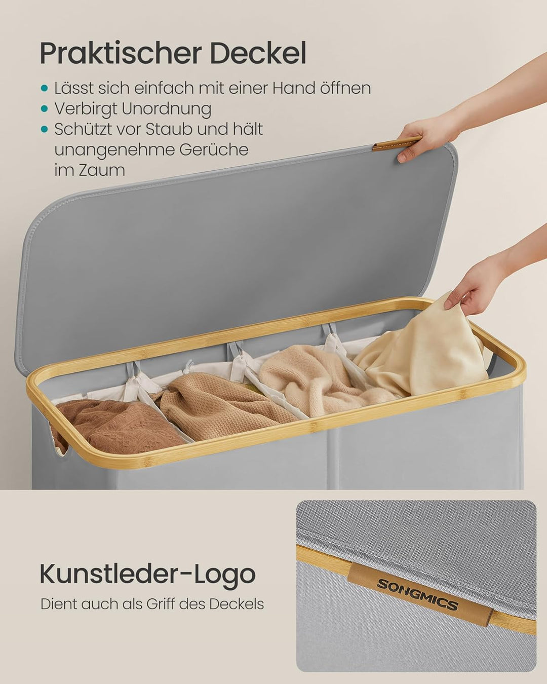SONGMICS Wäschekorb mit Deckel, Wäschesammler mit 4 Fächern, 200 L, herausnehmbarer Wäschesack, Oxfo