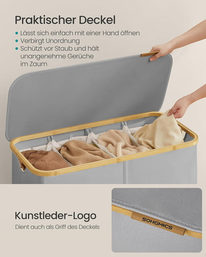 SONGMICS Wäschekorb mit Deckel, Wäschesammler mit 4 Fächern, 200 L, herausnehmbarer Wäschesack, Oxfo
