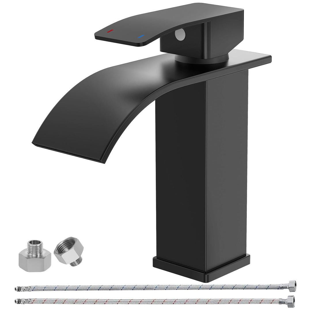 Wasserhahn Bad Schwarz Matt, Wasserfall Wasserhahn, Einhebelmischer Waschbecken，Einloch-Waschtischar