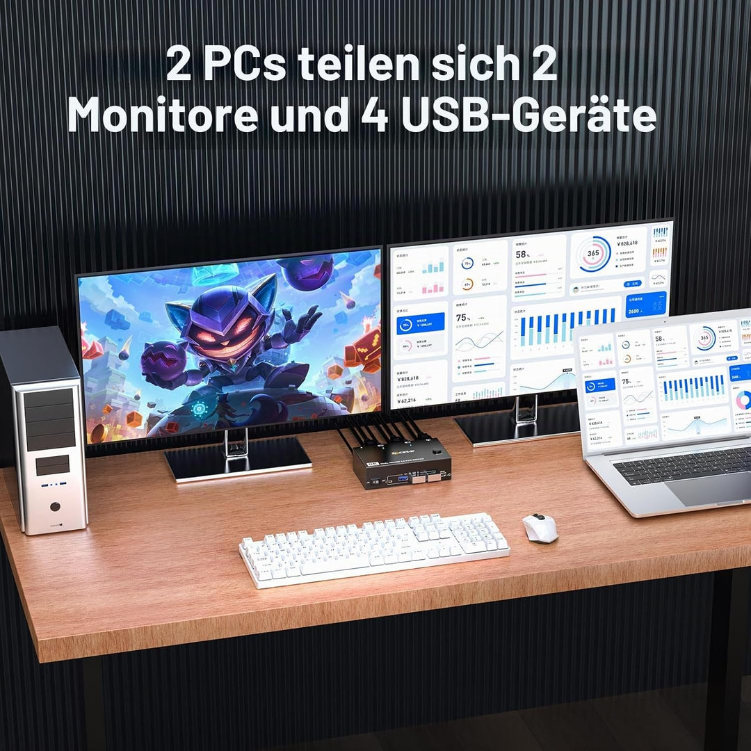 8K HDMI KVM Switch 2 PC 2 Monitore 8K@60Hz 4K@144Hz, MLEEDA USB 3.0 Dual Monitor KVM Switch mit 4 US