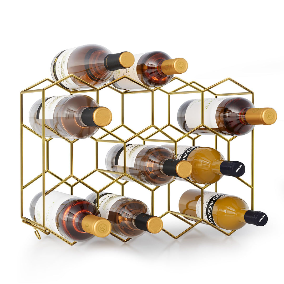 Urban Deco Weinregal für 14 Flaschen aus Metall, Flaschenregal Gold mit 2 Haken für 2 Weingläser, We
