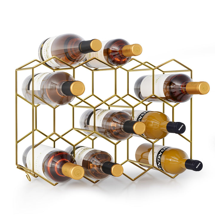 Urban Deco Weinregal für 14 Flaschen aus Metall, Flaschenregal Gold mit 2 Haken für 2 Weingläser, We