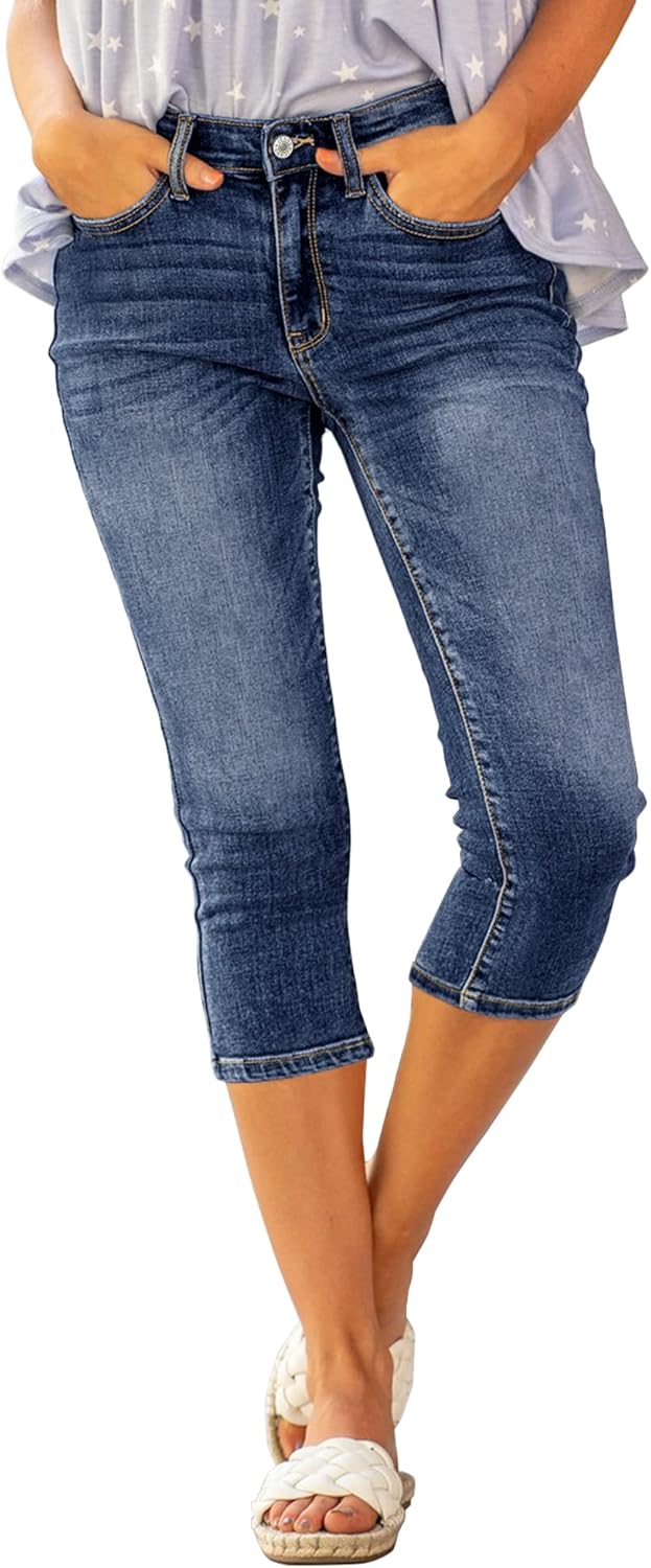 Damen Capri Jeans für Frauen hohe Taille Skinny Ripped Jean Denim Hosen, XXL Blau