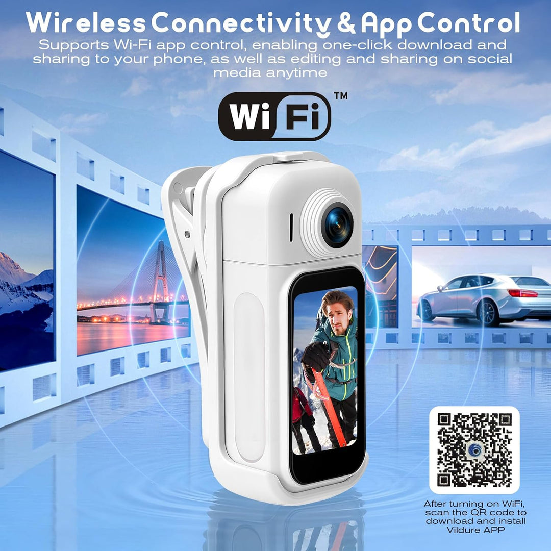 360° Mini Action Kamera mit Touchscreen, Action Body Cam, 30m Wasserdicht, 8h Akku, 120° Weitwinkel,