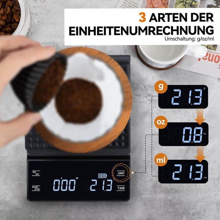 bemece USB Wiederaufladbare Digital kaffeewaage, Kaffeewaage mit Timer, Multifunktionale Küchenwaage