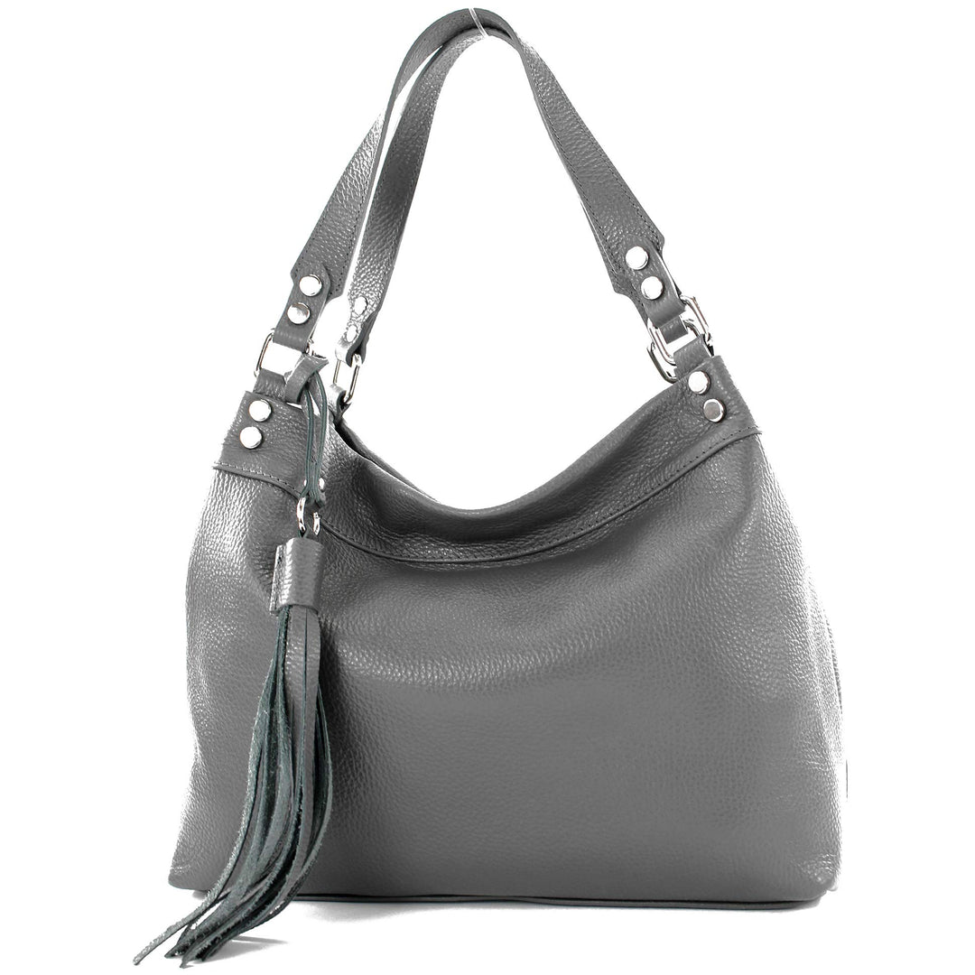 modamoda de - T201 - ital. Damen Schultertasche aus Echtleder Graphitgrau, Graphitgrau