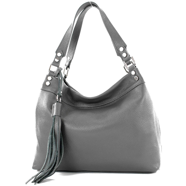 modamoda de - T201 - ital. Damen Schultertasche aus Echtleder Graphitgrau, Graphitgrau