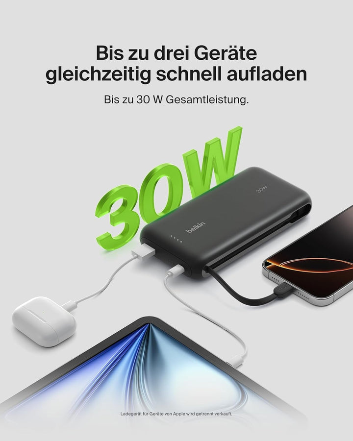 Belkin Portable Powerbank zum Schnellladen mit integriertem Kabel 20K PD 30 W, USB-C Power Delivery,
