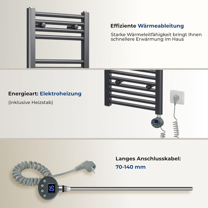 Heilmetz Badheizkörper Elektrisch mit Heizstab 600W Leistung 1400 x 600 mm Anthrazit Gerade Bad Heiz