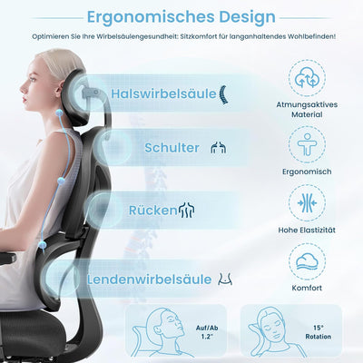 KERDOM Bürostuhl Ergonomischer Schreibtischstuhl,mit Verstellbarer Kopfstütze, Armlehnen, Lendenwirb