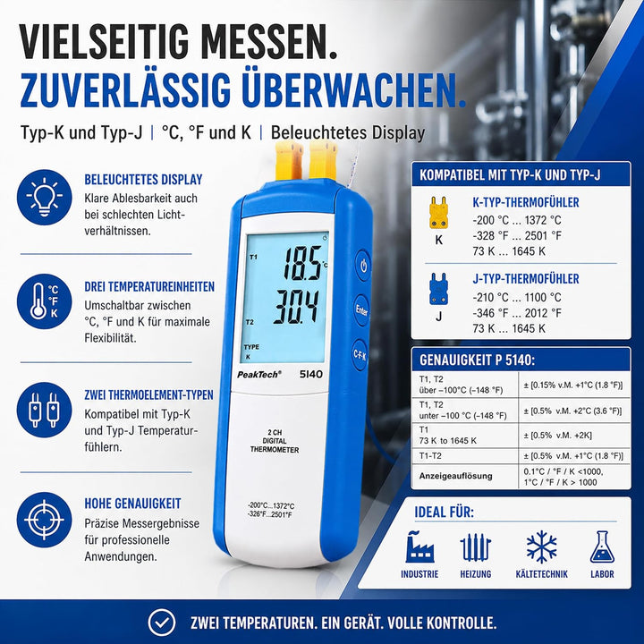 PeakTech 5140-2CH Digital Themometer Typ-K -200°C … 1372°C 2 Kanal, 2 Kanal
